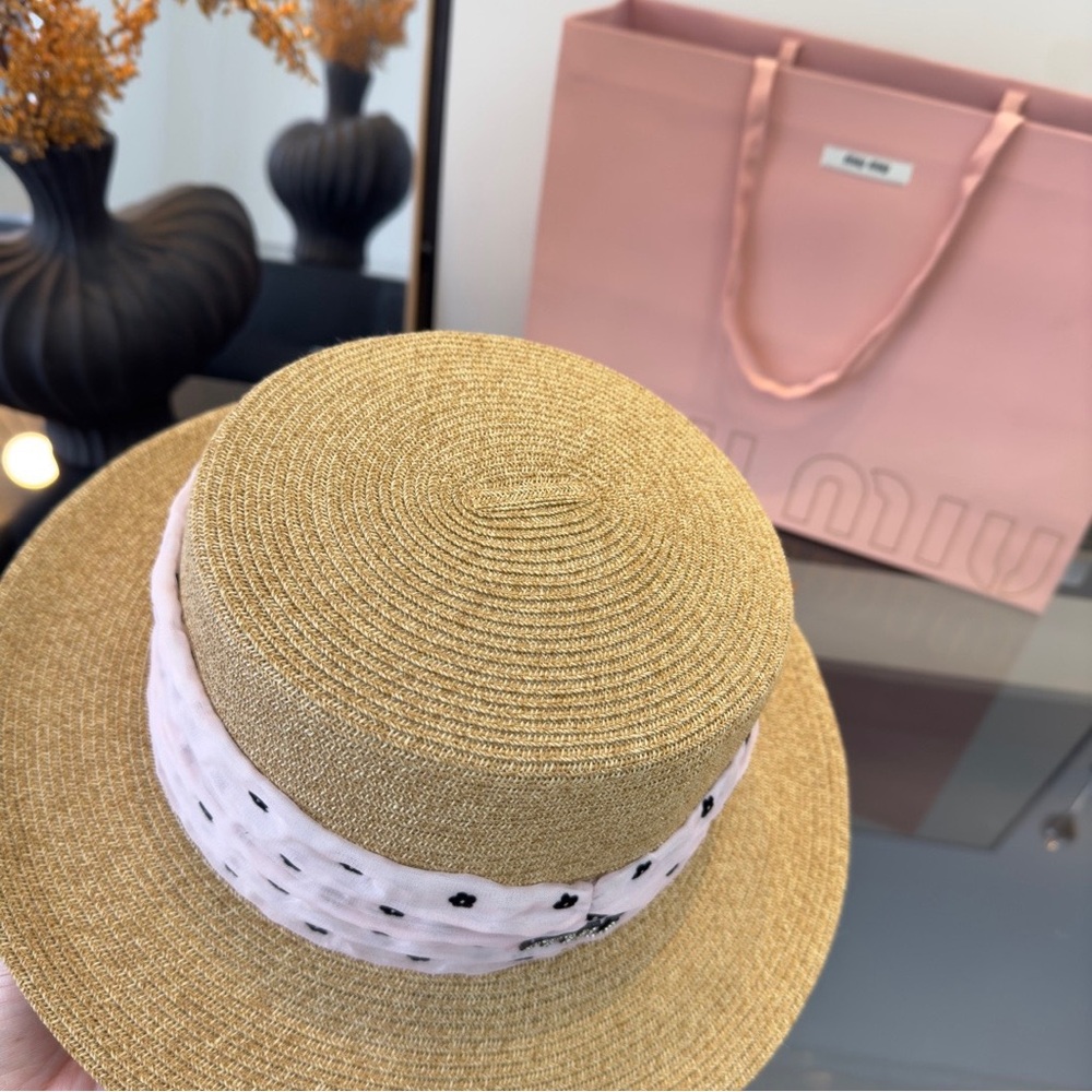 Miu Miu Natural Straw Boater Hat with Pale Pink Polka Dot Band - Picture 7 of 9